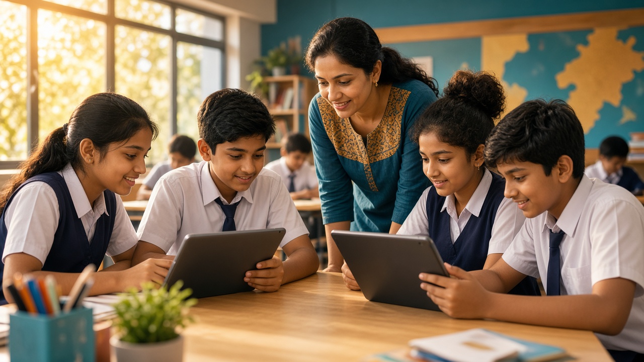 Students and a teacher sharing a moment in class